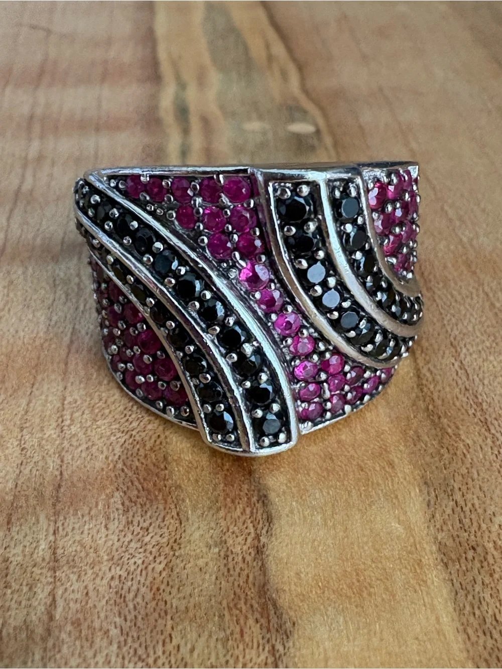 925 Sterling Silver Rhodium Pink & Black CZ & Pave Statement Ring size 7